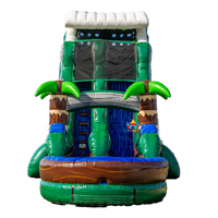 Toboggan aquatique gonflable Jungle Tropicale Palmier avec toit ondulé texture bois vert pour location de fête estivale