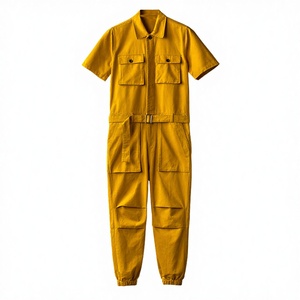 RTS <b>Mens</b> High Sporty Cargo Jumpsuit Cotton <b>Overalls</b> Short Sleeve Lapel Beam Feet Trousers Hip Hop Streetwear Loose Button Fly - Product Image 3