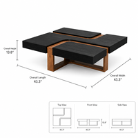 Table basse carrée de luxe moderne en bois noir et naturel superposé pour villa, hôtel, salon ou projet
