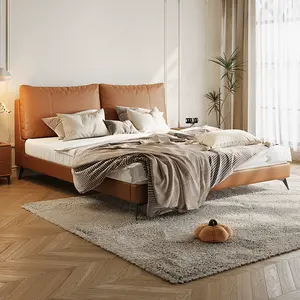 Europese Luxe Lederen Bedframe Modern Design Handgesneden Massief Hout Zacht Kingsize <span class=keywords><strong>Bed</strong></span> Meubilair - Product Image 2