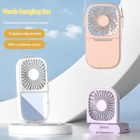 Ventilateur de cou 4-en-1 avec miroir, 3 vitesses, support de téléphone portable de bureau, pliable, rechargeable par USB, 3 couleurs, vente en gros OEM