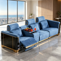 Canapé inclinable électrique de luxe 3 places avec table console, porte-gobelets, USB, velours bleu, finition dorée