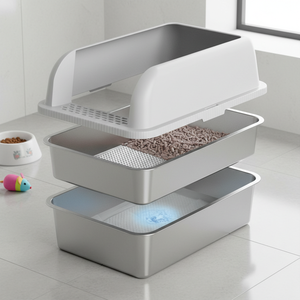 Gemakkelijk te reinigen semi-gesloten kattenbak moderne behuizing grote roestvrijstalen kattenbak met schep en mat - Product Image 2