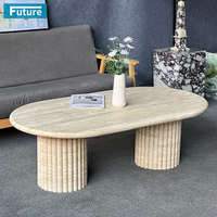 Luxe Wabi-sabl Style Grande Table Basse Moderne Ovale Beige Travertin Avec Socle Colonne pour Salon Villa Hôtel Décor
