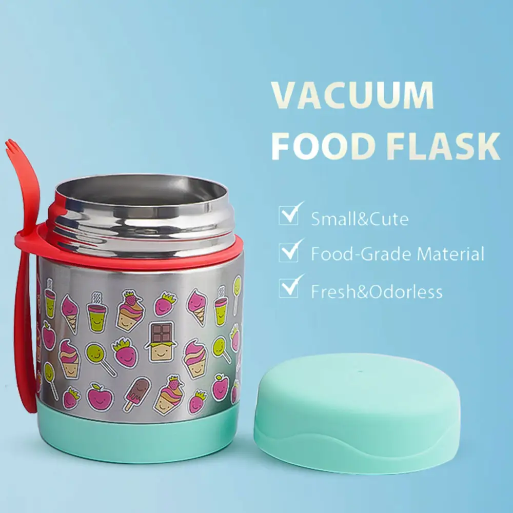 300Ml Vacuüm Geïsoleerde Voedselkolven Bpa Gratis Roestvrijstalen Voedselcontainers Met Opvouwbare Lepel Lunchbox Voor Kinderen Schattig