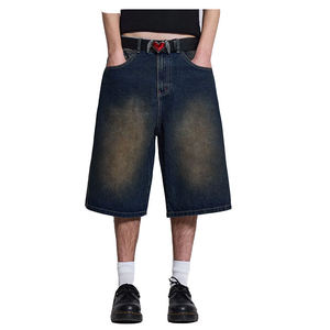 Shorts en jean vintage à jambe large pour homme, taille mi-haute, coupe droite, style streetwear, avec broderie de logo personnalisé et délavage acide - Product Image 5