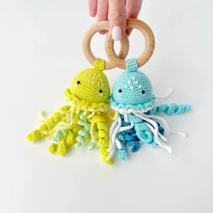 章鱼Amigurumi拨浪鼓玩具钩针海洋生物出牙拨浪鼓钩针婴儿水母拨浪鼓