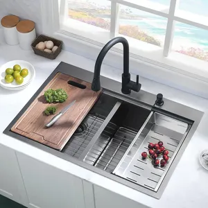 New Style 33 Inch Dual Bowl Topmount Workstation 304 Stainless Steel Gunmetal Black Kitchen Sink With Drainboard