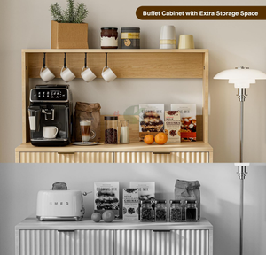 Armoire moderne avec rangements, tiroirs, étagères et prise intégrée, finition naturelle pour salle à manger et salon - Product Image 3
