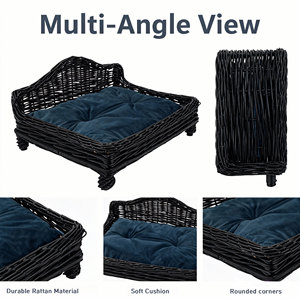 Lit pour animaux de compagnie en rotin fait main de luxe, écologique avec coussin, meubles pour animaux de compagnie sur mesure de grande taille en noir - Product Image 3