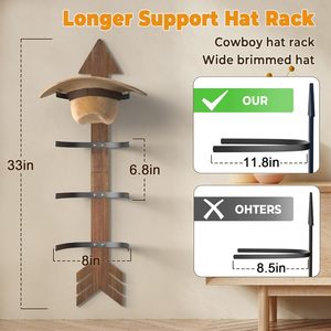 Porte-chapeau en bois de couleur naturelle moderne occidental, porte-chapeau de cowboy avec design multifonctionnel pour l'affichage dans le salon - Product Image 3
