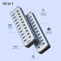 Hub USB 3.0 à 10 ports avec interrupteurs marche/arrêt individuels et indicateurs LED, répartiteur USB alimenté