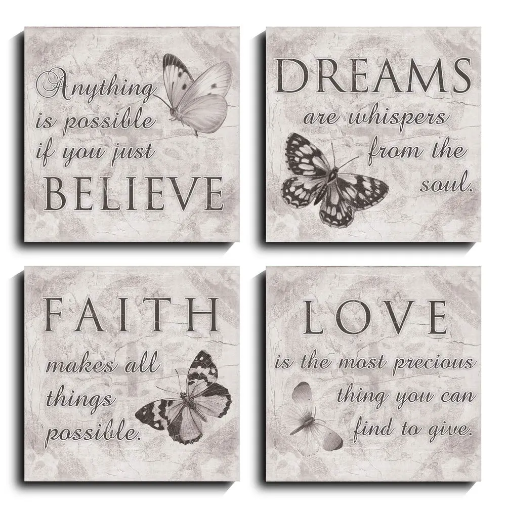 Motivational Wall Art Poster Canvas Butterfly 4 Panels Believe Dream Faith Love Canvas Print Painting on Demand