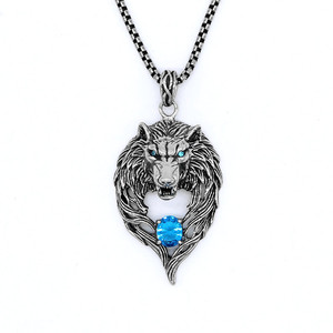 Yunnique – collier avec pendentif loup en acier inoxydable, pierres précieuses bleues, bijoux animaux, cadeau unisexe, style européen - Product Image 1