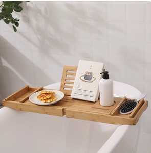 <span class=keywords><strong>Combo</strong></span> de bandeja de desayuno para baño <span class=keywords><strong>Caddy</strong></span>-Bañera y cama impermeables de madera de bambú natural con tobogán plegable - Product Image 4