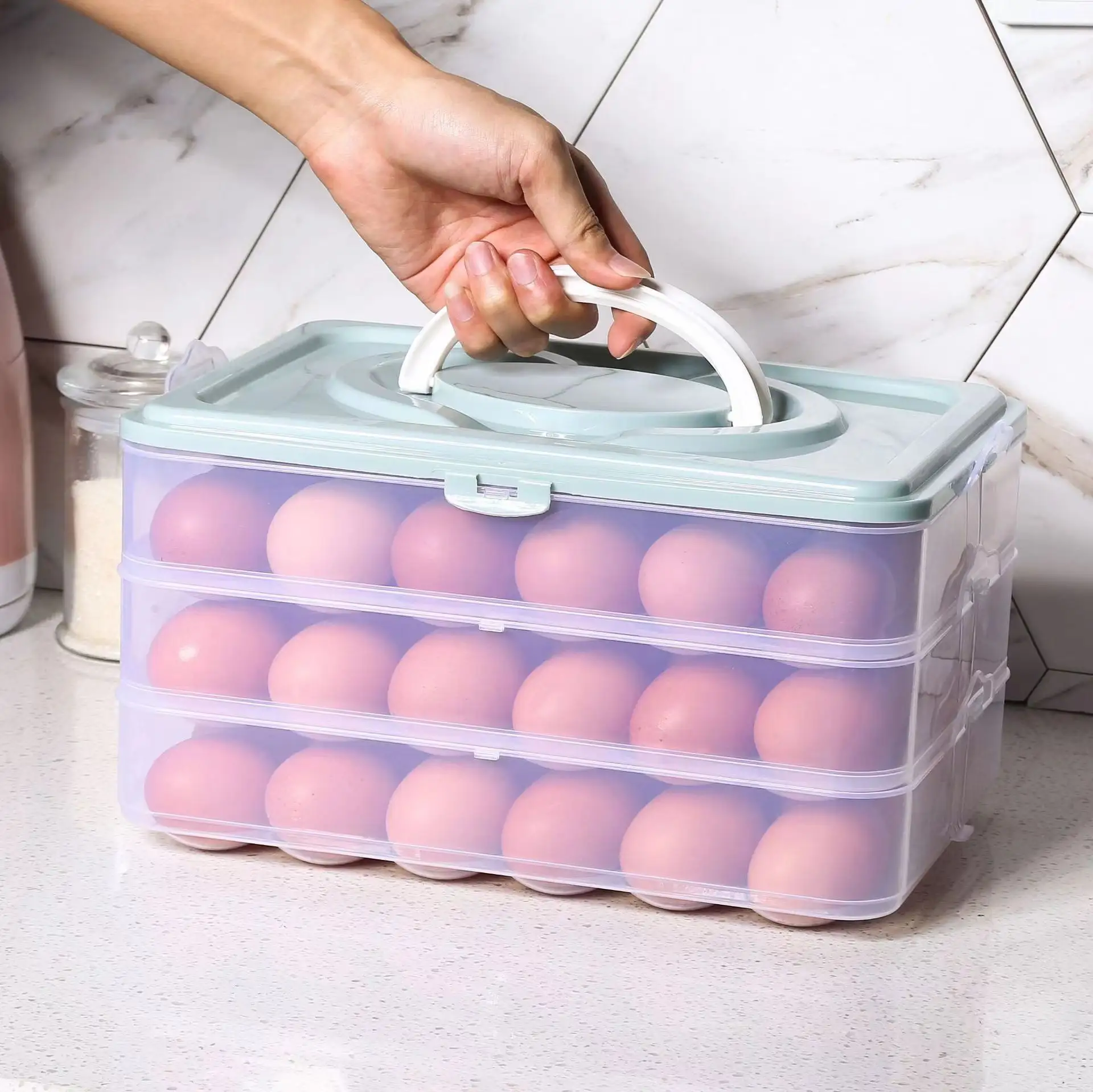 Kotak penyimpanan telur kulkas besar, Portabel 24 baki telur dapur tahan debu dengan penutup