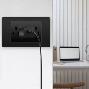 Prise murale américaine standard Type-C 20W à 3 <span class=keywords><strong>prises</strong></span> avec 1 port USB et 1 port USB-C, noire, style américain, ignifuge et sécurisée pour la maison - Product Image 6