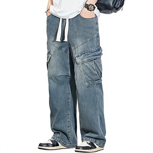 Jean cargo bleu délavé vintage pour homme, coupe ample, jambe large, en denim, avec poches utilitaires, style streetwear, pantalon décontracté, mode et tenue de travail - Product Image 1