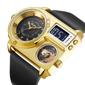 Oulm 5026 New Dual Display Two Time Zone Sport Watch Male Big Dial Quartz Clock Hours Men's Genuine Leather Strap Wristwatch
