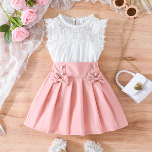 ชุดเดรสเด็กผู้หญิงแขนกุดสองชิ้น น่ารัก สวยสง่า สำหรับเด็กอายุ 4-8 ปี แฟชั่นฤดูร้อน พร้อมโบว์สองอันและลูกไม้ - Product Image 1