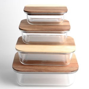 Eco-friendly Food Meal Prep Containers With Acacia wood flip Lid wooden Glass Food Storage