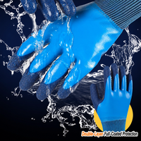 Gants en latex bleu de longueur poignet avec revers en tricot côtelé élastique, paume enduite imperméable et antidérapante pour usage industriel