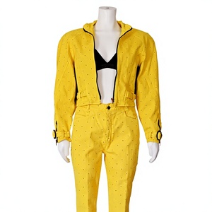 Combinaison en jean stretch taille haute mi-mollet pour femme, style vintage, couleur unie, écologique, avec dentelle, manches longues, été - Product Image 3