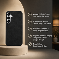 Coque en PU grainé rétro vintage pour la série Galaxy S25 avec chargement magnétique sans fil – En stock dès aujourd'hui