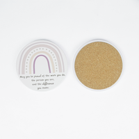 Sous-verres ronds personnalisés en céramique et MDF, arc-en-ciel pastel avec citation positive imprimée, pour cadeau de pendaison de crémaillère, décoration maison et café