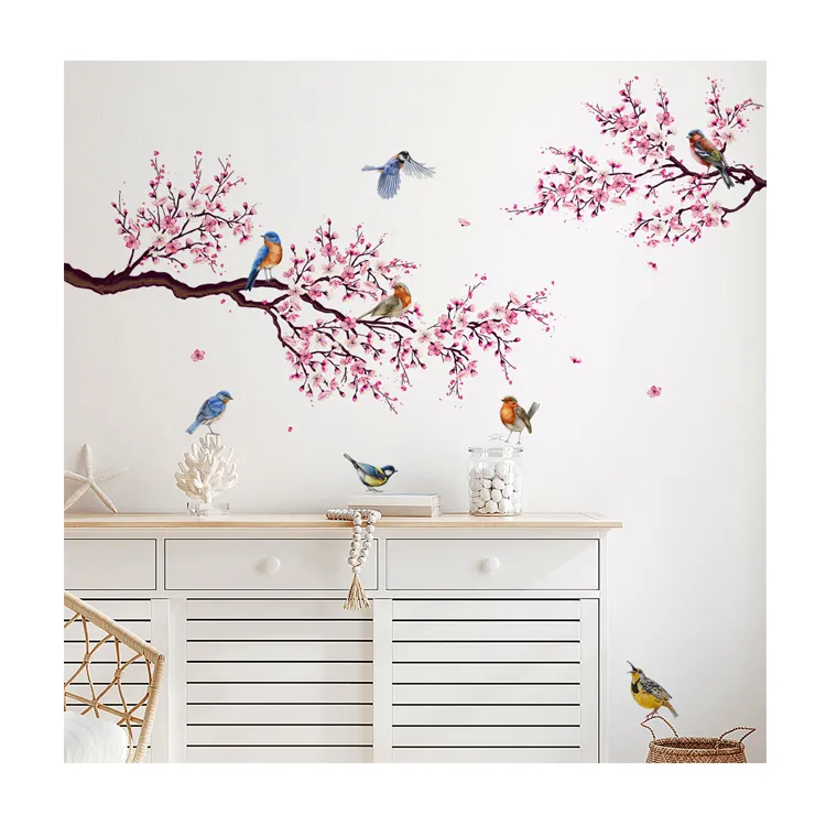 Pink Peach Blossom Flowers Branch Birds Floral Wall Stickers for Bedroom Living Room Furniture Background Decorative Wall Decals