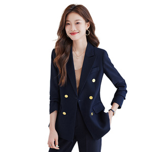 Women's Navy Blue Suit Set Double Breasted Anti-Wrinkle Solid Color Professional Work Wear - Product Image 5