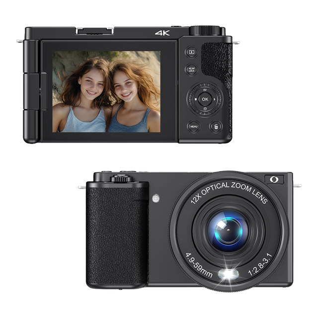 Retro 4K Video Flip Screen Mirrorless Camera 12X Optical Zoom Digital DSLR Cameras with Face Priority Anti-Shake for Beginner