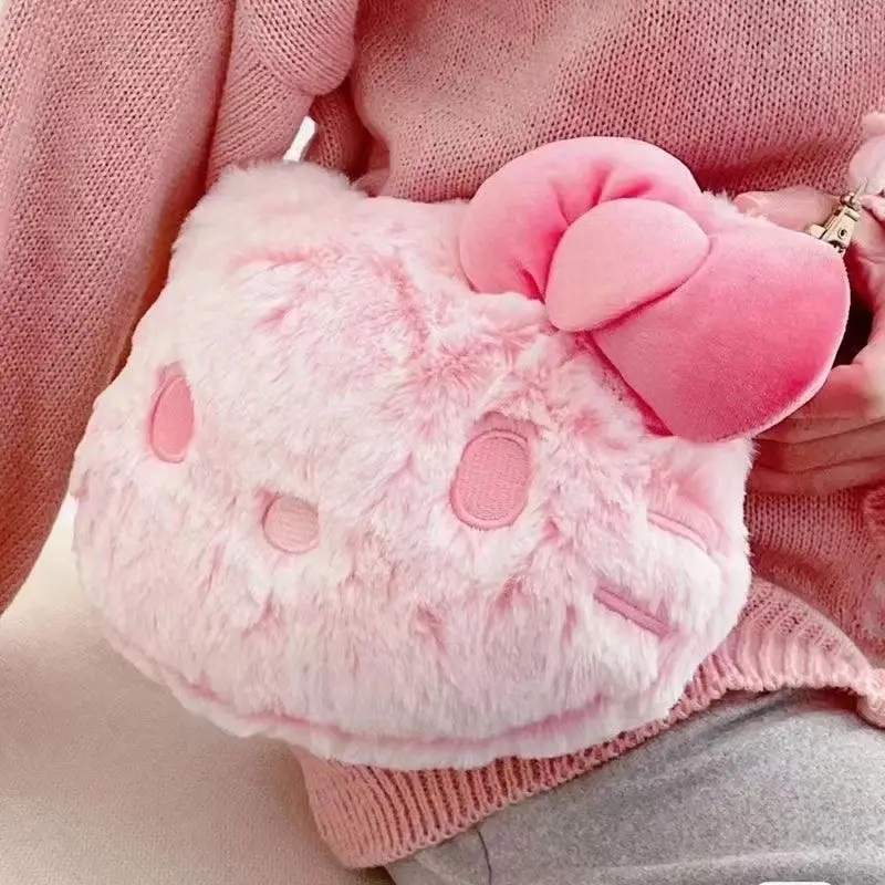 HL Bolsa de mão super macia para crianças, bolsa de mão pequena Kawaii Hello Kitty gato flor de cerejeira em pó, bolsa de pelúcia para animais de pelúcia, ideal para uso em bolsas de mão