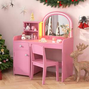 Kids Vanity with Lights, 2 in 1 Princess Makeup <strong>Desk</strong> &amp; Chair Set Cabinet Toddler Dressing Table Vanity Set for Little Girls - Product Image 2
