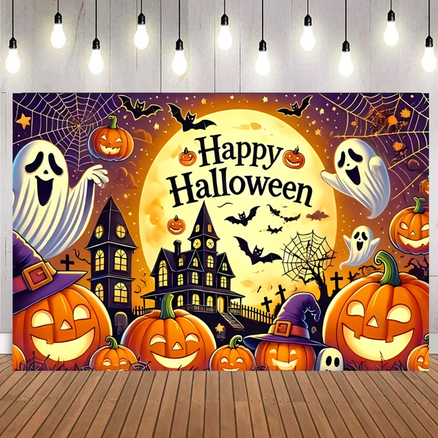 Orange Happy Halloween Background Backdrop Pumpkin Castle Ghost Printed Halloween Party Decoration Banner Backdrop