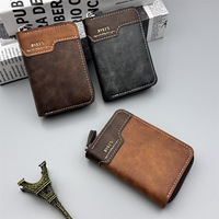 Dompet Kartu Kulit PU Vintage Dua Warna Model Patchwork dengan Ritsleting, Dompet Kartu Kredit Tipis Model Akordeon, Dompet Koin Kecil untuk Pria