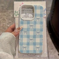 Coque de téléphone portable en TPU à motif quadrillé bleu avec nœud, étui de protection en cuir tendance pour iPhone 16 15 17 Air 18 Pro Max