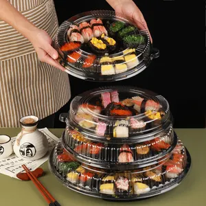 Customized Printed Catering Retail Foldable Compartment Disposable Box Delivery Plastic Round Fast Food Sushi Tray Packaging