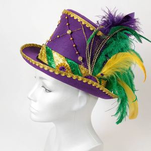Sombrero de copa Fedora morado Mardi Gras de terciopelo de lujo para adolescentes adultos con accesorio de disfraz de desfile de plumas flexible - Product Image 1