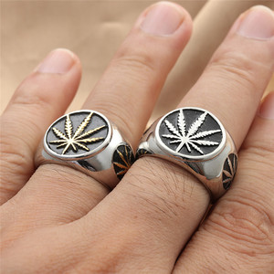 yunnique Men's <b>Titanium</b> Steel <b>Ring</b> With Gold Cannabis Leaf Design Silver And Gold Color Retro Punk Style Jewelry Gift 280679 - Product Image 5