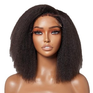 Nouvelle perruque complète en dentelle, ondulée effet eau, noire, courte, bouclée, volumineuse, en cheveux vierges naturels, avec frange, en fibre synthétique, avec bandeau - Product Image 5