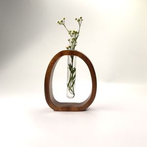 Jarrón de Madera de Nogal con Forma Geométrica y Tubo de Vidrio, Decoración Moderna para Interiores, Adorno para Mesa de Sala - Product Image 1