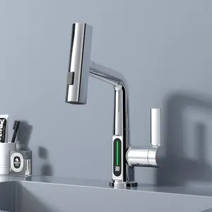 2023 new arrival led bathroom digital basin faucet pull-out lifting sink water tap mixer with sprayer rainfall waterfall