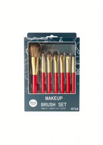 Set di pennelli per trucco 7 pezzi con manico in plastica rossa e pelo sintetico H716 - Product Image 1