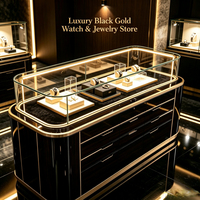 Luxuriöse Schwarz-Goldene Gebogene Uhrenvitrine, LED-Beleuchtung, Samtinterieur, Anpassbar, für Hochwertige Schmuck-Boutiquen