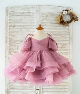 Vestido de tul con hombros descubiertos para niña, con cuentas de tul brillante, vestido de boda de flores para niña, vestido de fiesta para niños, vestido de cumpleaños