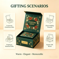Boîte cadeau magnétique personnalisée vert foncé pour Noël, avec impression florale dorée, boîte rigide pour coffret cadeau de Noël, emballage OEM