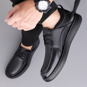 Chaussures habillées décontractées pour hommes en cuir véritable à bout rond, à lacets, respirantes, pour le bureau, avec semelle extérieure en caoutchouc et semelle souple - Product Image 4