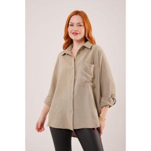 LUSTRIN Women's Relaxed Fit <b>Khaki</b> Shirt with Pockets - Wholesale Loose Casual Long Sleeve Blouse <b>Top</b> for Ladies - Product Image 1