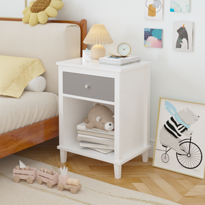 Mesita de noche de madera con un cajón y un estante, color gris, para niños y adultos - Product Image 6